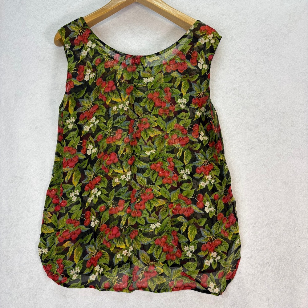 Vintage Cherry Print Sheer Rayon Tank Top Womens L Cherrycore Garden Fruit Retro - Picture 2 of 5